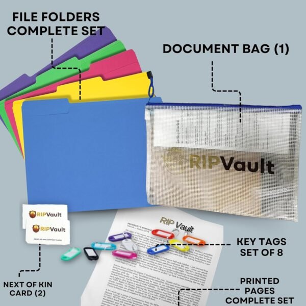 Ripvault Essentials - Estate & Personal Document Organizer Kit - Included 1 Document Bag (Zipper Bag), 2 Next of Kin Cards, 8 Key Tags | Complete Set of File Folders & Printed Pages - Important Document Storage - Image 7