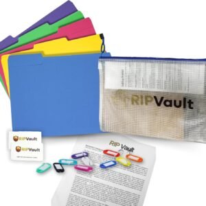 Ripvault Essentials - Estate & Personal Document Organizer Kit - Included 1 Document Bag (Zipper Bag), 2 Next of Kin Cards, 8 Key Tags | Complete Set of File Folders & Printed Pages - Important Document Storage