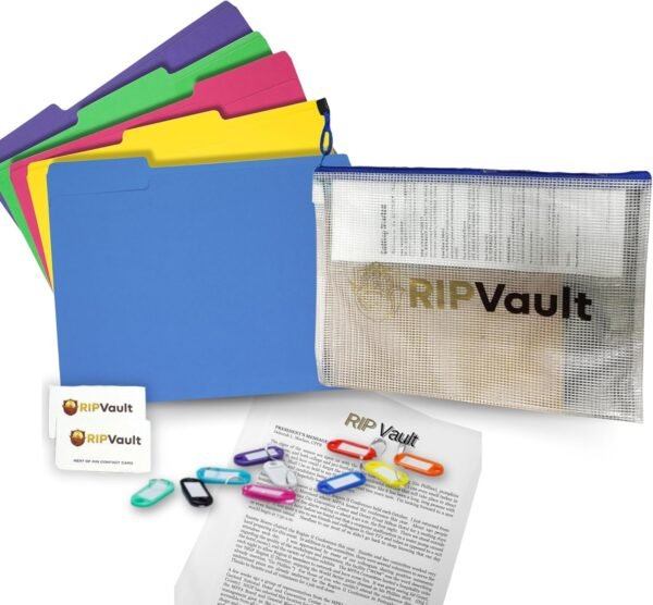 Ripvault Essentials - Estate & Personal Document Organizer Kit - Included 1 Document Bag (Zipper Bag), 2 Next of Kin Cards, 8 Key Tags | Complete Set of File Folders & Printed Pages - Important Document Storage